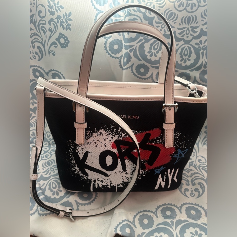 Michael Kors Black and White Graffiti Tote Bag Small W/ Crossbody Strap NWT